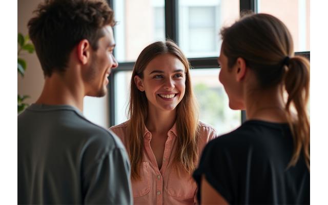 Estudiantes de actuación conversando con un profesor en un ambiente amigable