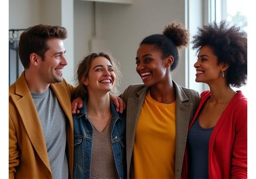 Grupo de actores y actrices jóvenes riendo y posando juntos