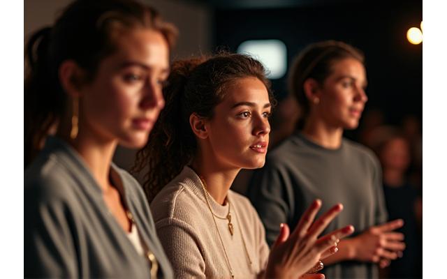 Alumnos practicando actuación teatral, expresión de emociones