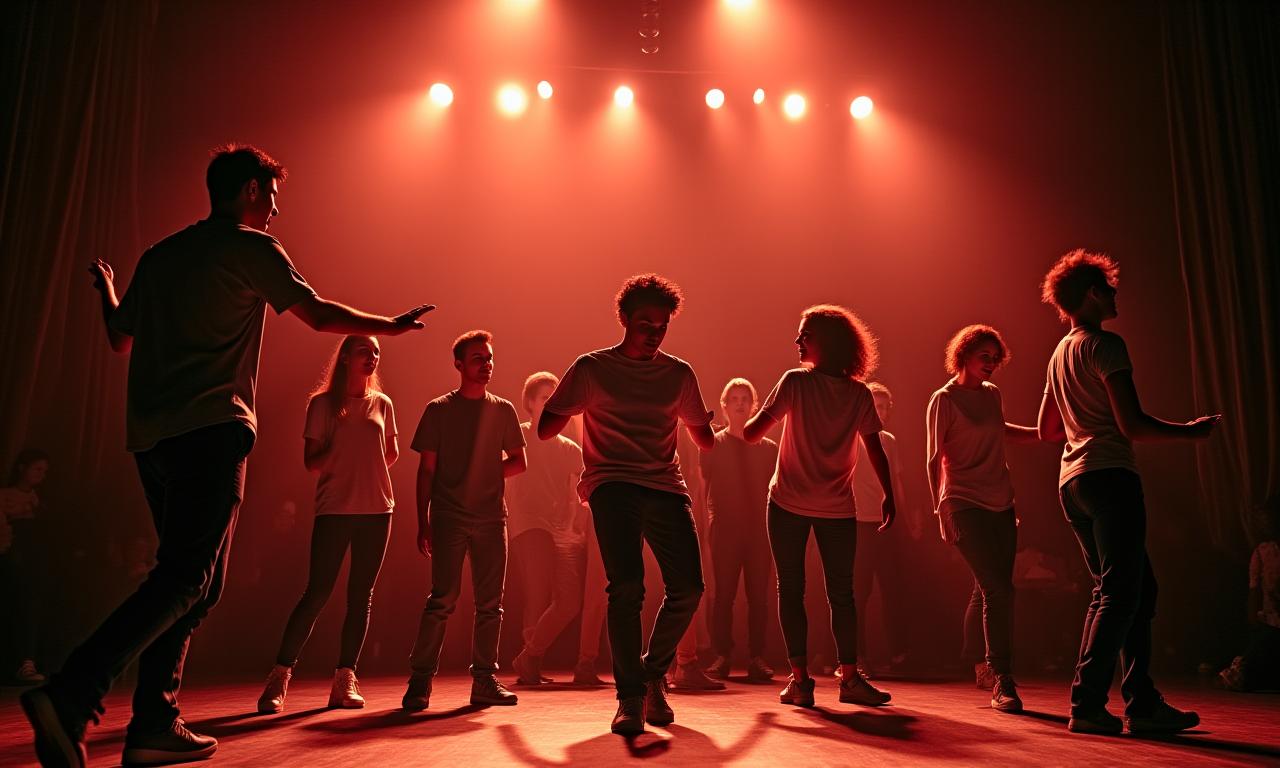 Estudiantes de actuación en un escenario, ensayando con pasión.