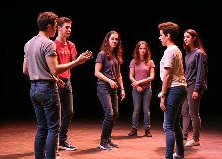 Estudiantes ensayando una escena en un escenario
