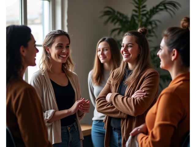 El equipo de profesores de Clases de Actuación Sevilla, sonriendo y conversando en un aula luminosa.