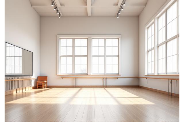 Amplia sala de ensayo con suelo de madera, espejos y buena iluminación.