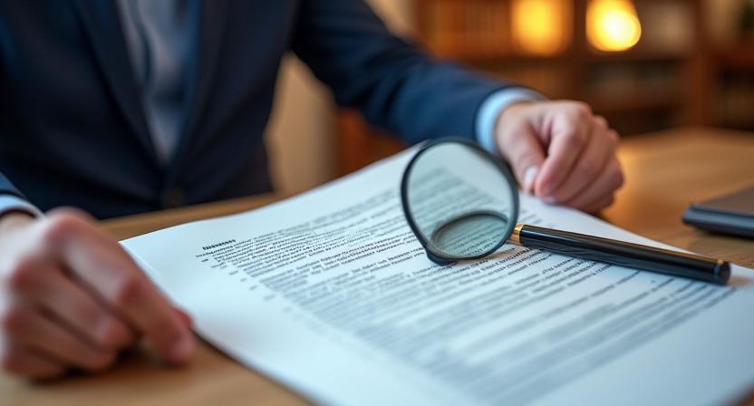 Persona leyendo atentamente un documento con lupas y simbolos legales de Sevilla de fondo